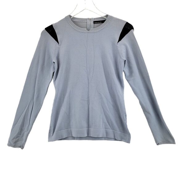 Karen Millen Crewneck Sweater Size 3 XS Light Blue Black Mesh Details Zipper - Picture 1 of 8